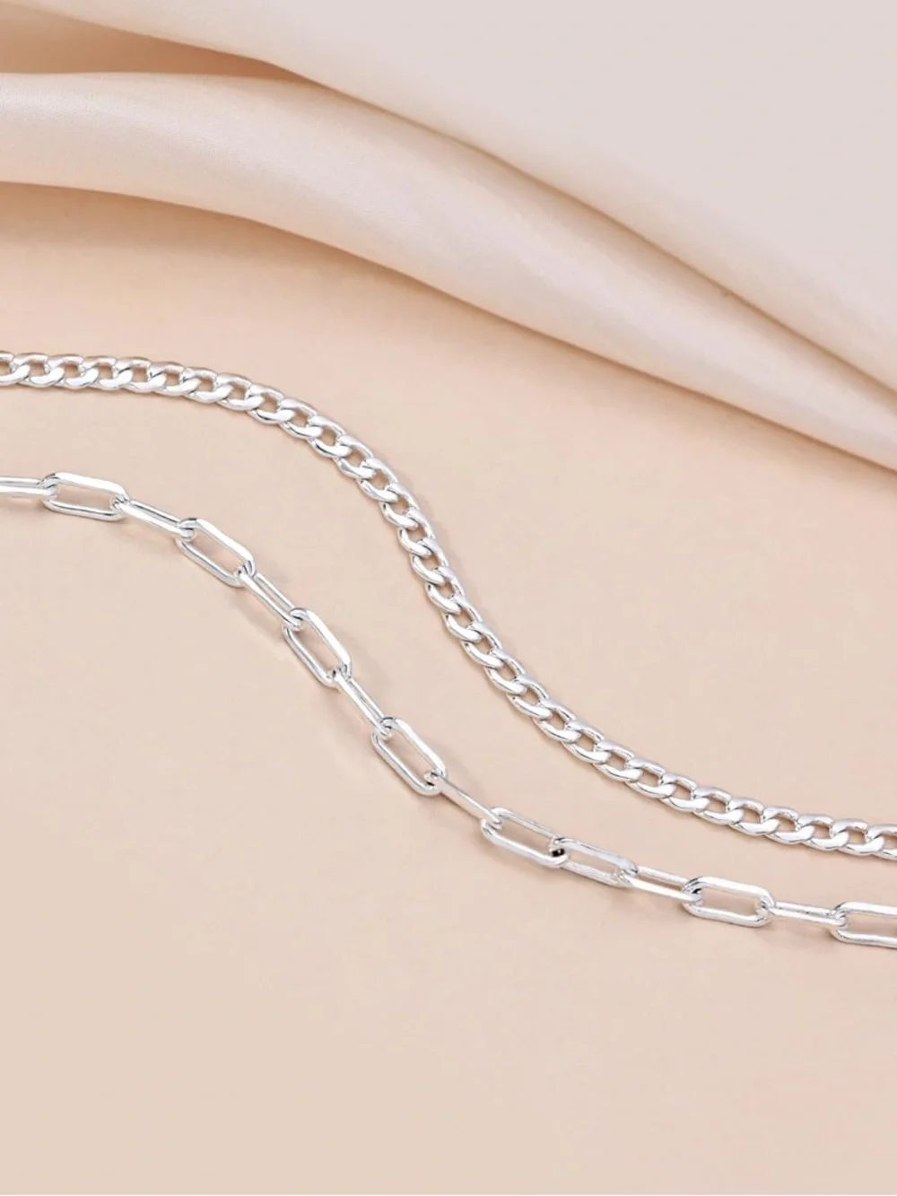 Double Layer Silver Plated Chain Necklace with Toggle Clasp